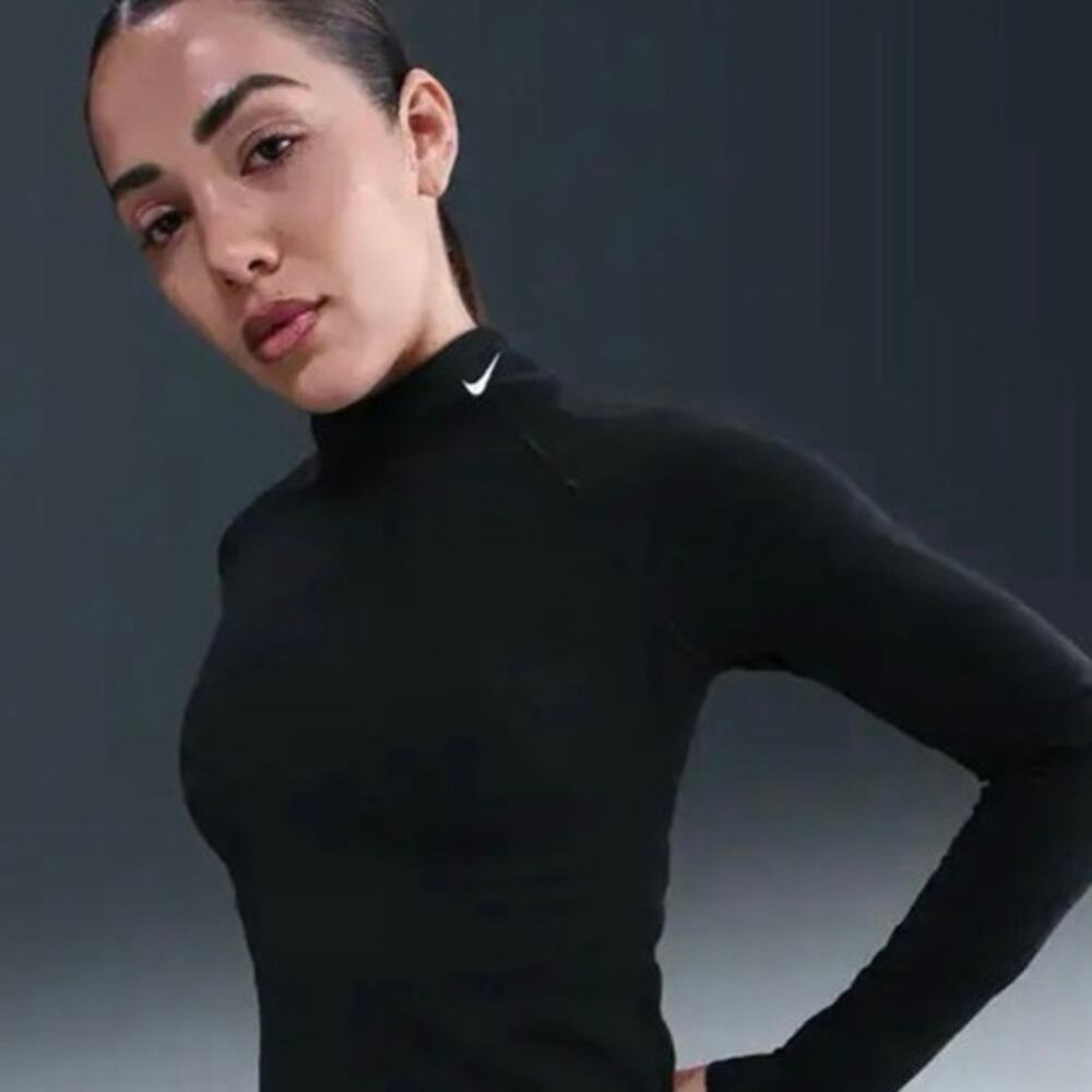 Nike Pro Women's Size M Dri FIT Long Sleeve Mock Neck Top Shirt Black Athletic